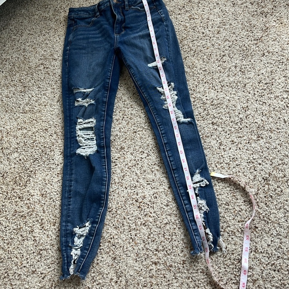 american eagle High Rise Blue Distressed skinny y2k ripped Denim jeans - Picture 6 of 7